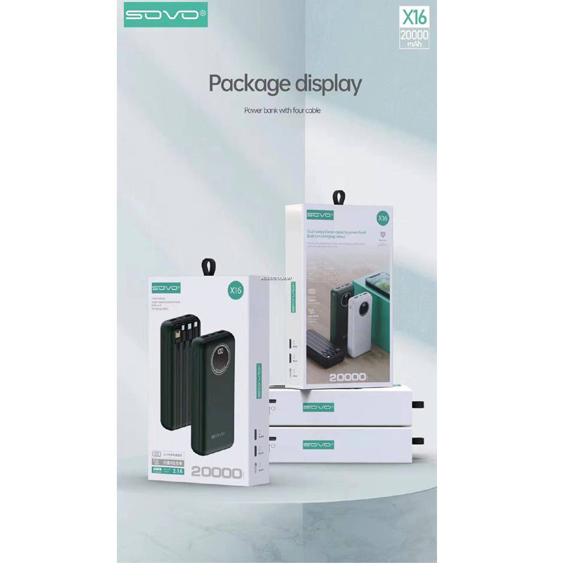 SOVO X16 20000mAh Power Bank | Built-In Charging Cables | High Capacity & Fast Charging