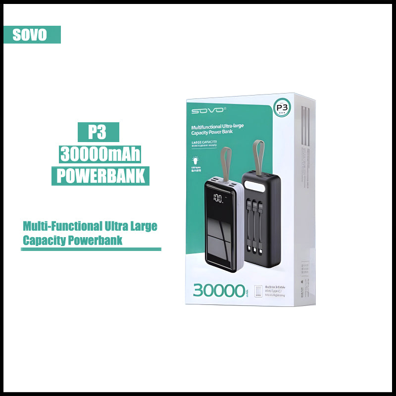 SOVO P3 Multi-Functional 30,000mAh Ultra-Large Capacity Power Bank with Built-In 3 Cables and Flashlight