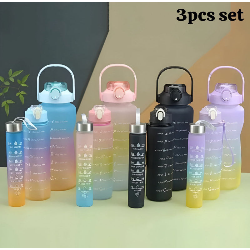 Set of 3 Leak-Proof Gradient Frosted Sports Water Bottles – Motivational Hydration Trio