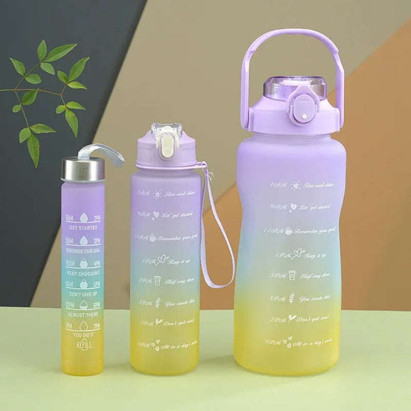 Set of 3 Leak-Proof Gradient Frosted Sports Water Bottles – Motivational Hydration Trio