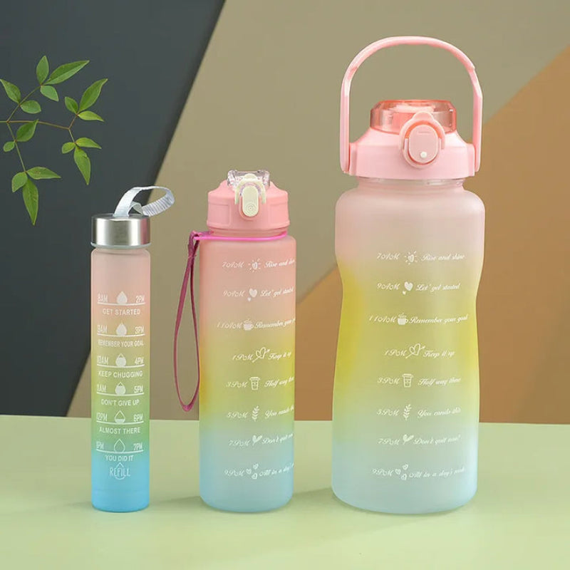 Set of 3 Leak-Proof Gradient Frosted Sports Water Bottles – Motivational Hydration Trio