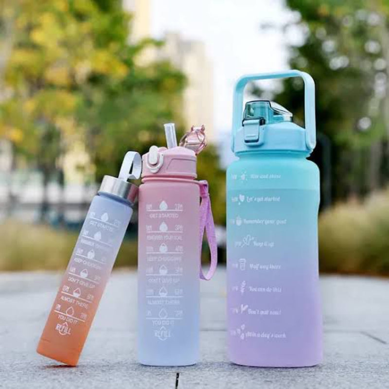 Set of 3 Leak-Proof Gradient Frosted Sports Water Bottles – Motivational Hydration Trio
