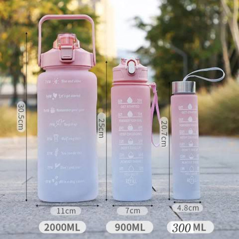 Set of 3 Leak-Proof Gradient Frosted Sports Water Bottles – Motivational Hydration Trio