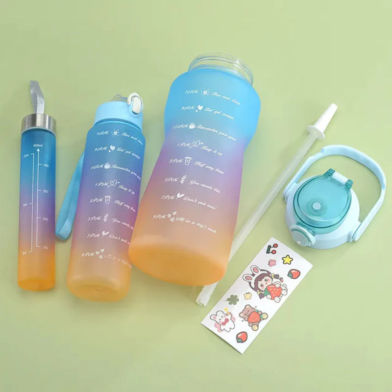Set of 3 Leak-Proof Gradient Frosted Sports Water Bottles – Motivational Hydration Trio