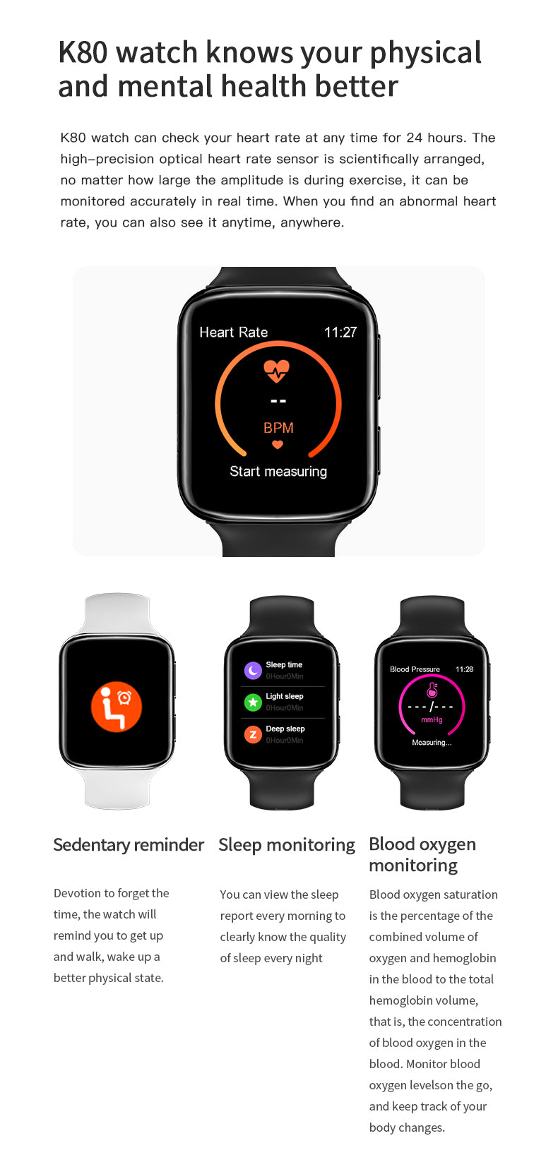 K80 Smartwatch – Full Touchscreen Bluetooth Calling Watch with Music Control, Heart Rate & Blood Oxygen Monitoring