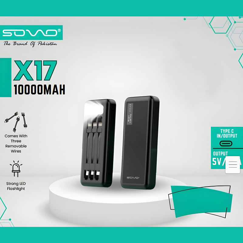 SOVO X17 10,000mAh Capacity Power Bank with Built-In 3 Cables and LED Flashlight