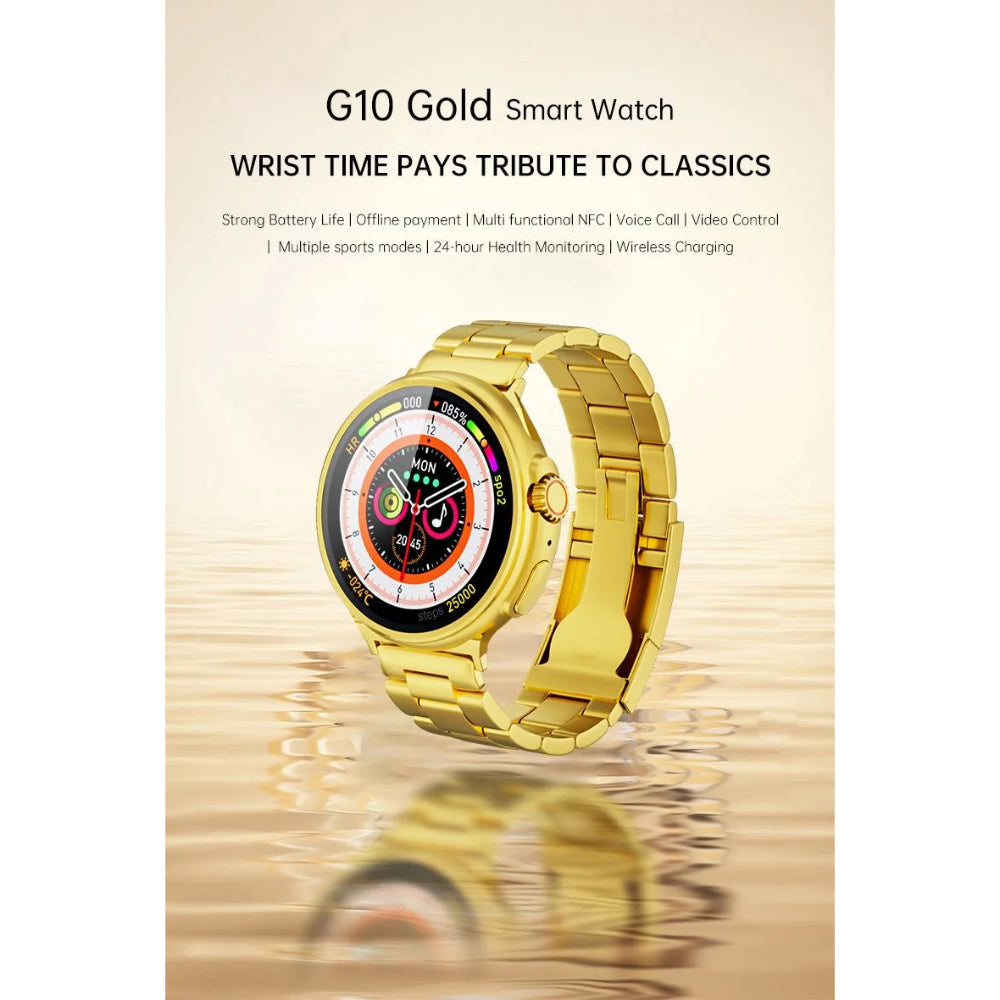 G10 Luxury 24K Gold Smart Watch – AMOLED Display, Stainless Steel Design, Heart Rate & Health Monitoring, Sports Fitness Tracker