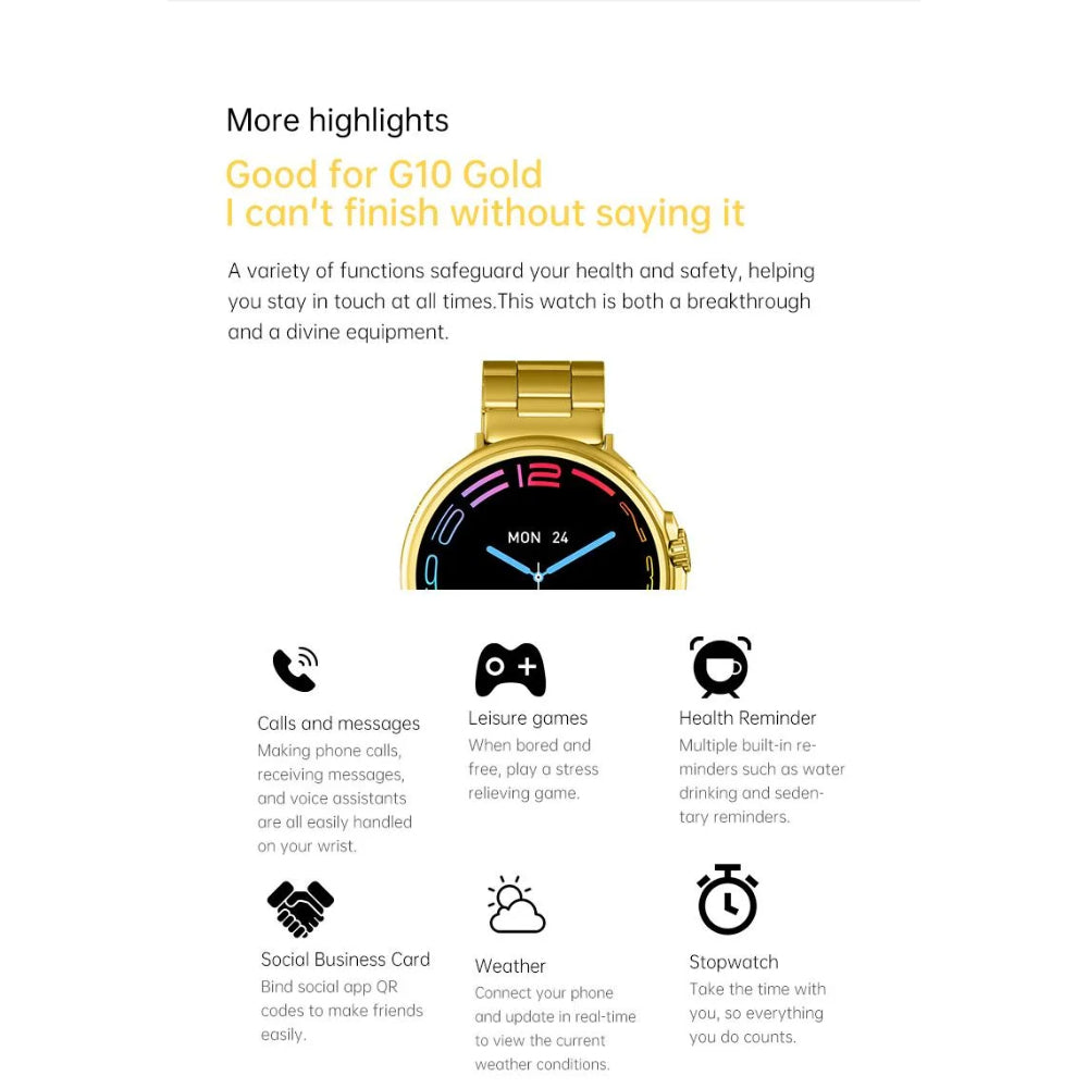 G10 Luxury 24K Gold Smart Watch – AMOLED Display, Stainless Steel Design, Heart Rate & Health Monitoring, Sports Fitness Tracker