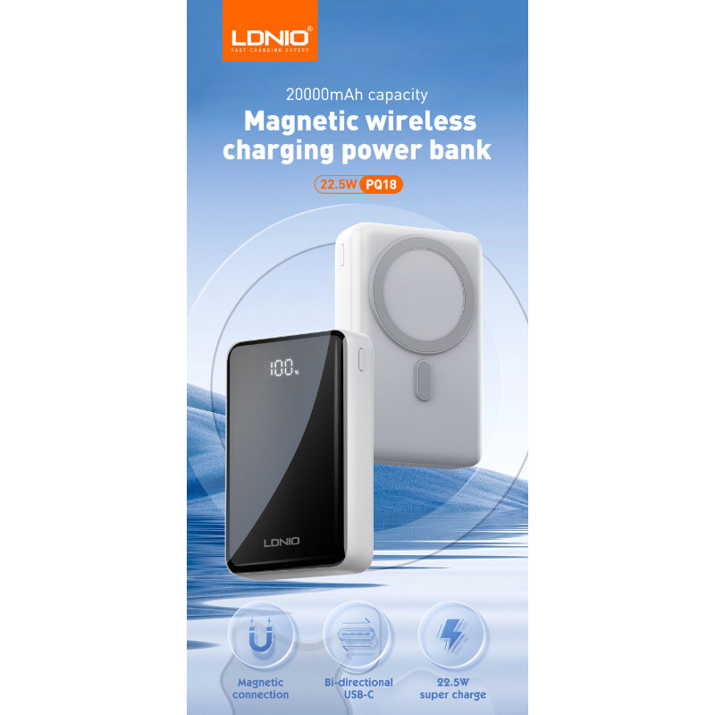LDNIO PQ18 20,000mAh Magnetic Wireless Power Bank - High Capacity, Fast Charging, Portable Charging Solution