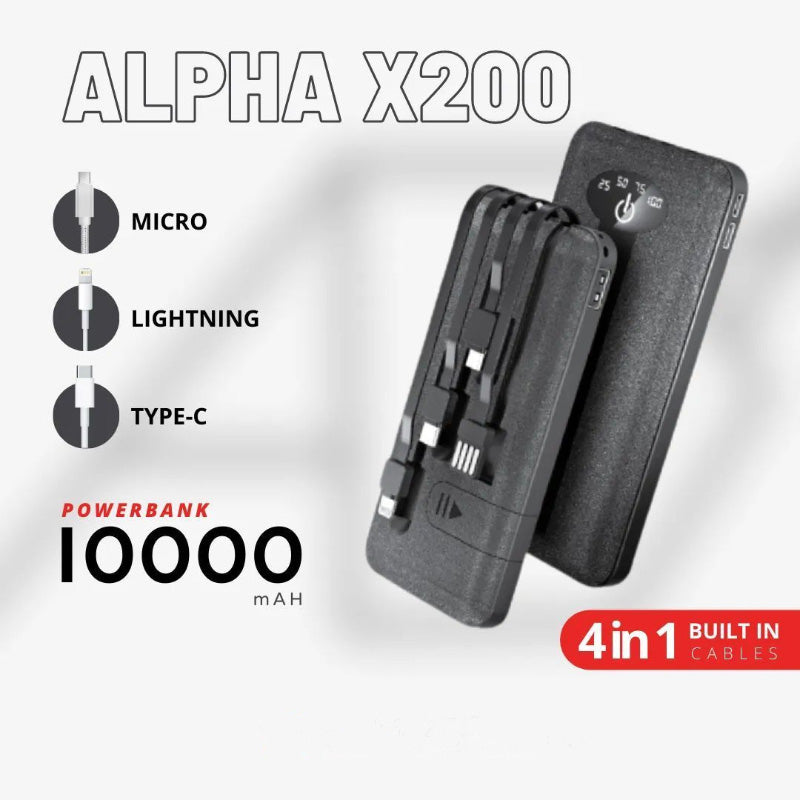 Alpha X-200 10000mAh Power Bank | Phone Holder, LED Display & 2x Torch Lights