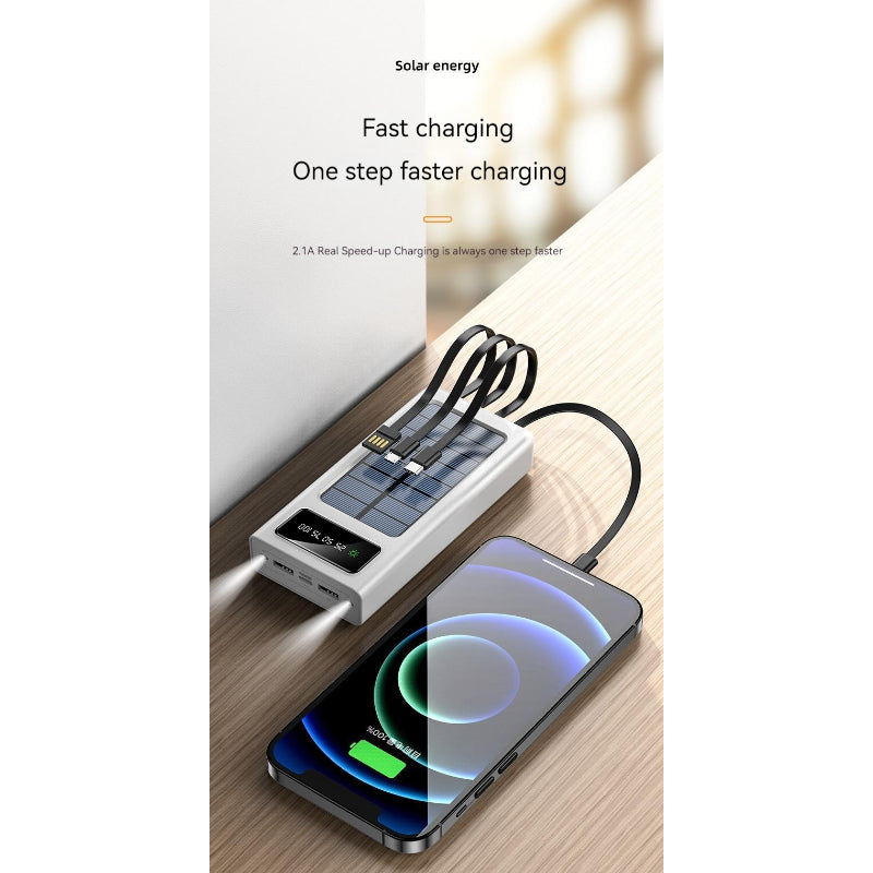10000mAh Solar Power Bank | 4 Built-in Cables | Dual LED Flashlight | Portable Outdoor Charger