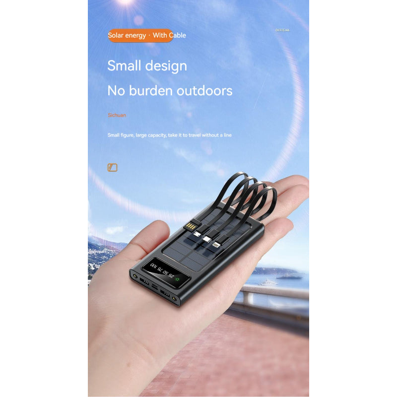10000mAh Solar Power Bank | 4 Built-in Cables | Dual LED Flashlight | Portable Outdoor Charger