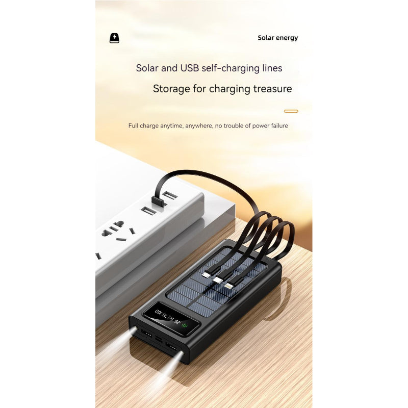 10000mAh Solar Power Bank | 4 Built-in Cables | Dual LED Flashlight | Portable Outdoor Charger