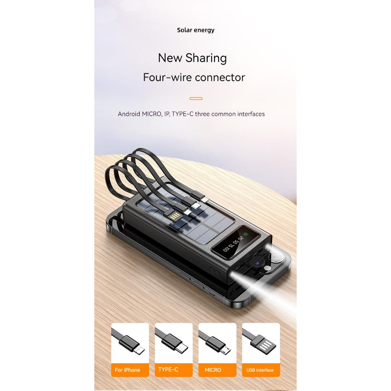 10000mAh Solar Power Bank | 4 Built-in Cables | Dual LED Flashlight | Portable Outdoor Charger