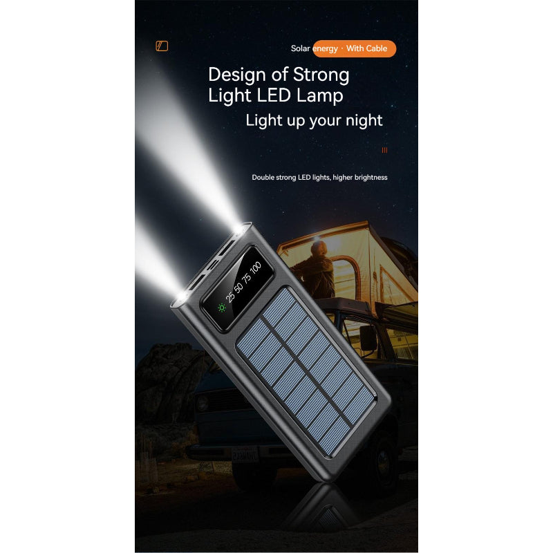 10000mAh Solar Power Bank | 4 Built-in Cables | Dual LED Flashlight | Portable Outdoor Charger