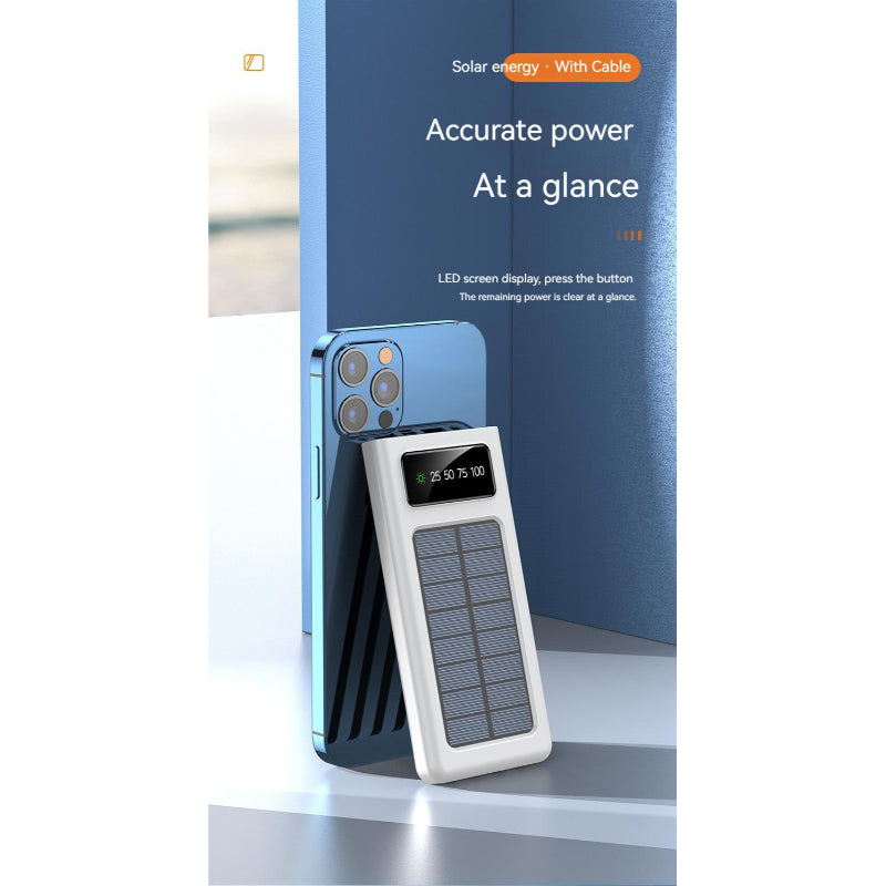 10000mAh Solar Power Bank | 4 Built-in Cables | Dual LED Flashlight | Portable Outdoor Charger