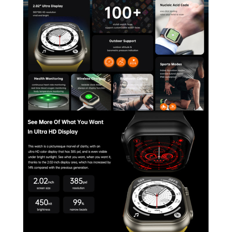 W800 Ultra Smartwatch – 2.01” Infinite Display | NFC | Bluetooth Calling | Series 8 Style Wearable