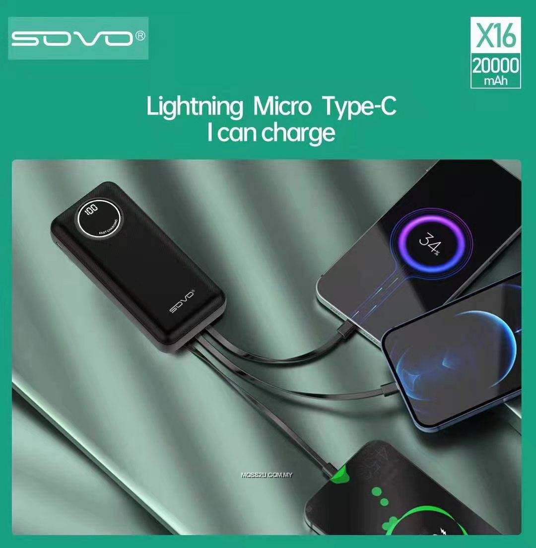 SOVO X16 20000mAh Power Bank | Built-In Charging Cables | High Capacity & Fast Charging