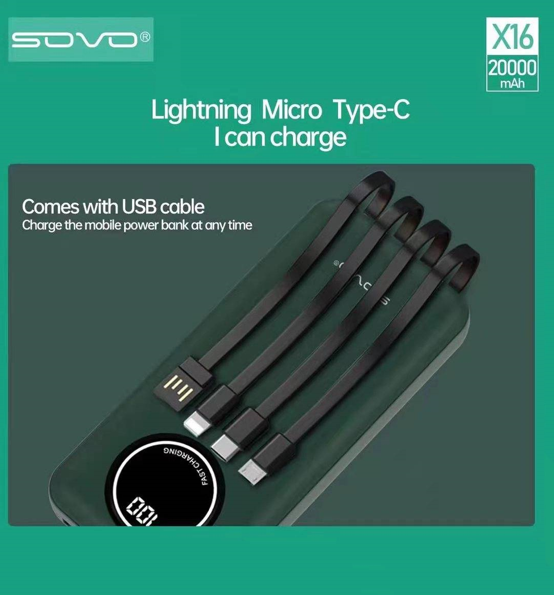 SOVO X16 20000mAh Power Bank | Built-In Charging Cables | High Capacity & Fast Charging