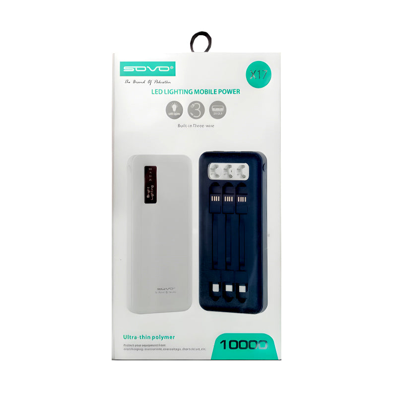 SOVO X17 10,000mAh Capacity Power Bank with Built-In 3 Cables and LED Flashlight