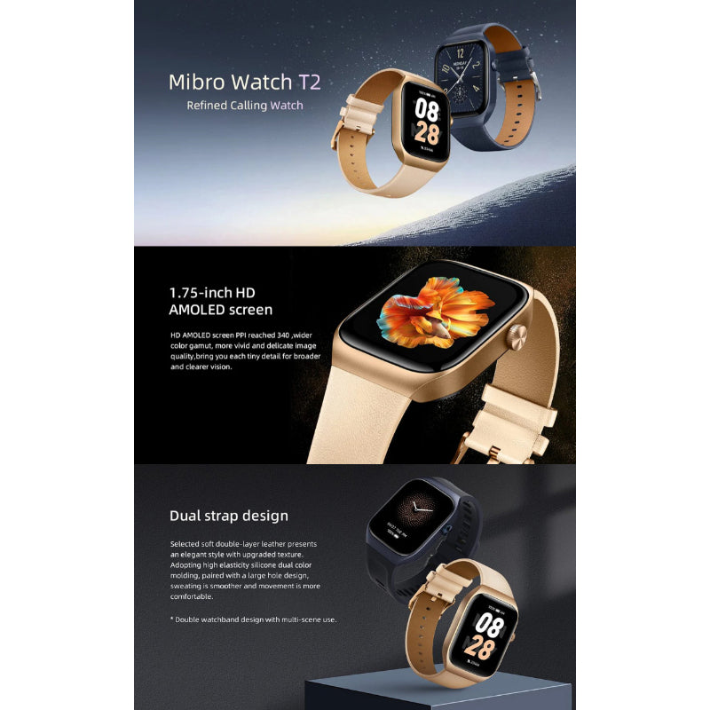 Mibro T2 Smartwatch – 1.75″ AMOLED Display | Dual-Core 2-in-1 Chip | GPS Positioning | Dual Straps | Sleek & Smart