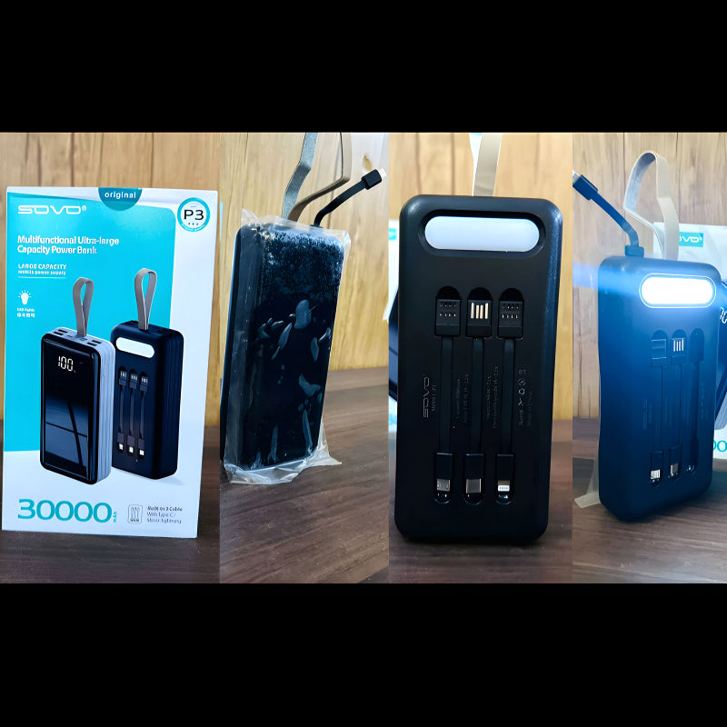 SOVO P3 Multi-Functional 30,000mAh Ultra-Large Capacity Power Bank with Built-In 3 Cables and Flashlight