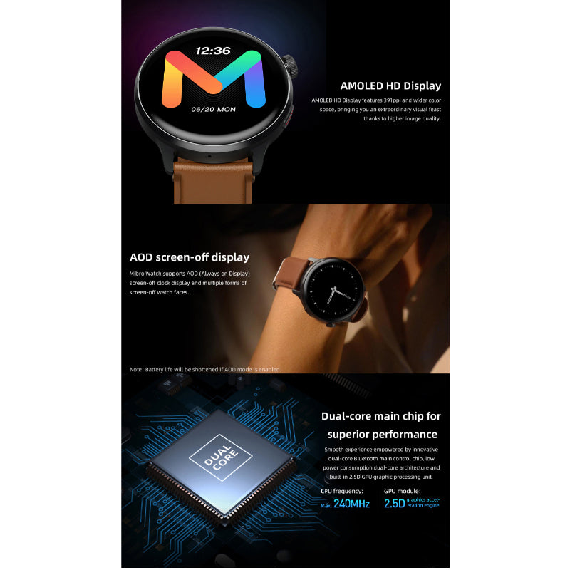 Mibro Lite 2 Smartwatch – 1.3″ AMOLED HD Display | Dual-Core Chip | Bluetooth Calling | Dual Straps Included