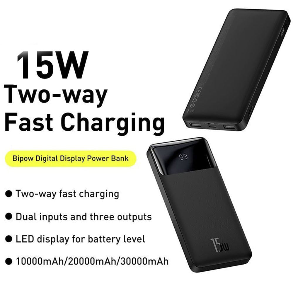 Baseus Bipow 10,000mAh Quick Charging 15W Power Bank with Digital Display – Portable, High-Speed Charging for Multiple Devices