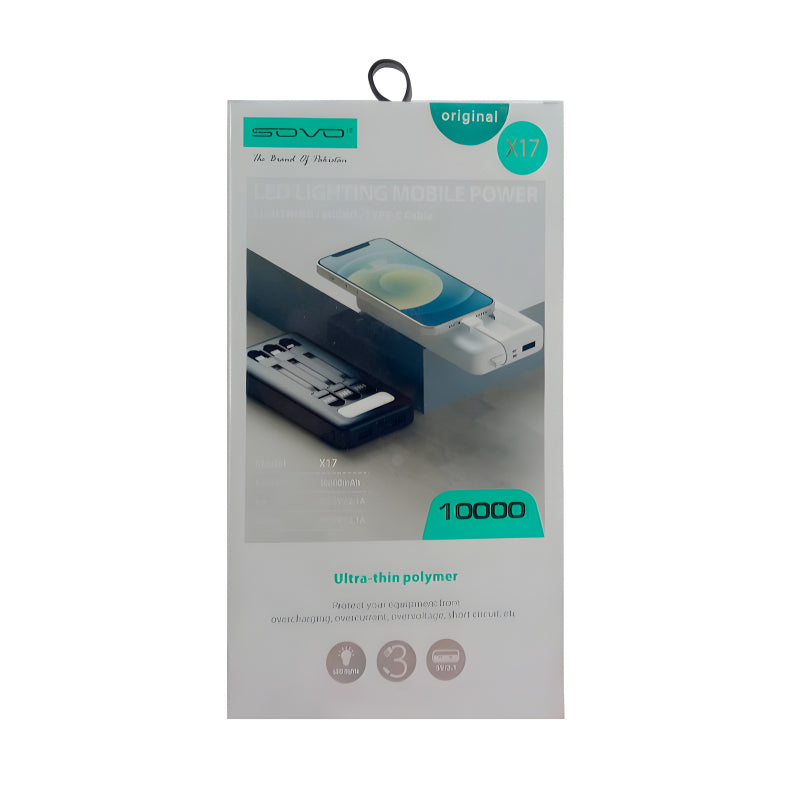 SOVO X17 10,000mAh Capacity Power Bank with Built-In 3 Cables and LED Flashlight