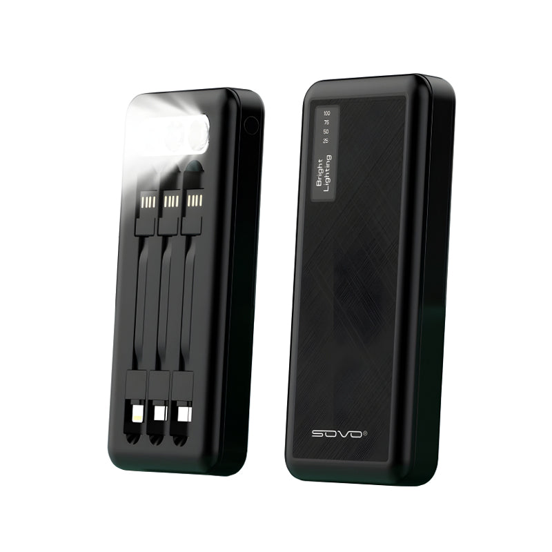 SOVO X17 10,000mAh Capacity Power Bank with Built-In 3 Cables and LED Flashlight