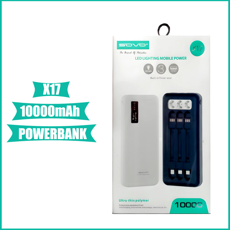 SOVO X17 10,000mAh Capacity Power Bank with Built-In 3 Cables and LED Flashlight