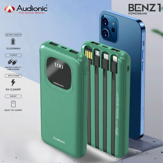 BENZ-1 10000mAh Power Bank | Built-In Lightning, C-Type &amp; Micro USB Outputs | Compact & Efficient