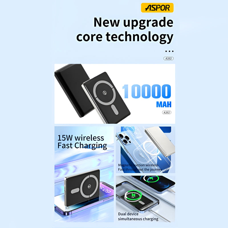 ASPOR A382 Mini 10,000mAh Magnetic Wireless Fast-Charging Power Bank – Compact, High-Speed Charging for On-the-Go Convenience