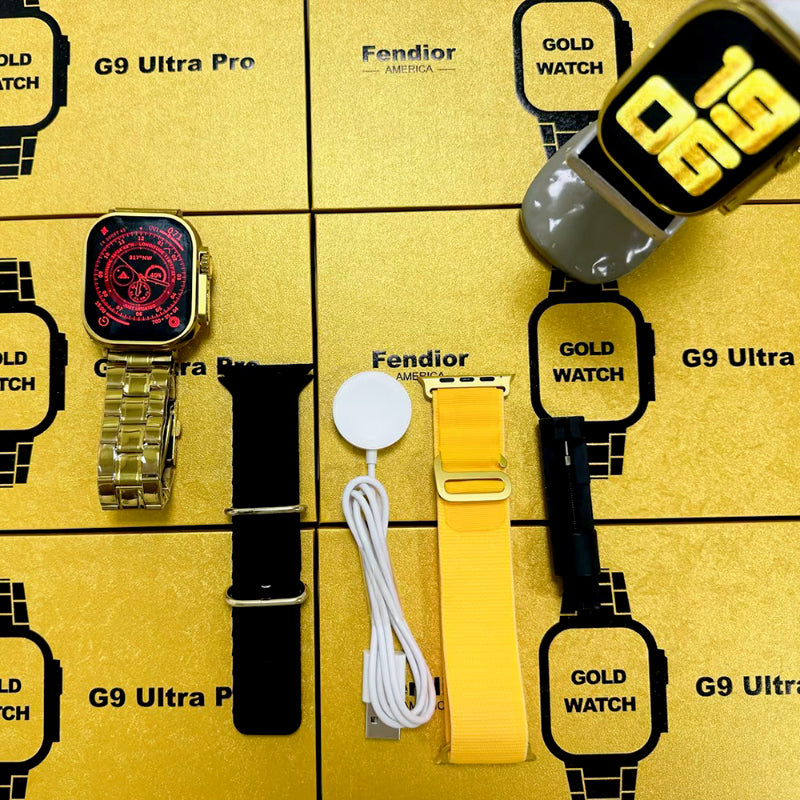 Fendior G9 Ultra Pro Series 8 – American Gold Edition Smart Watch with Bluetooth Calling, Fitness Tracking & 3 Extra Straps