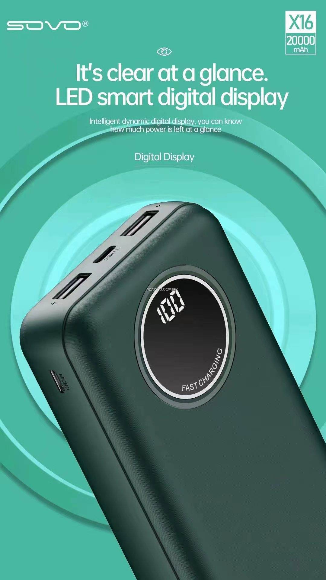 SOVO X16 20000mAh Power Bank | Built-In Charging Cables | High Capacity & Fast Charging