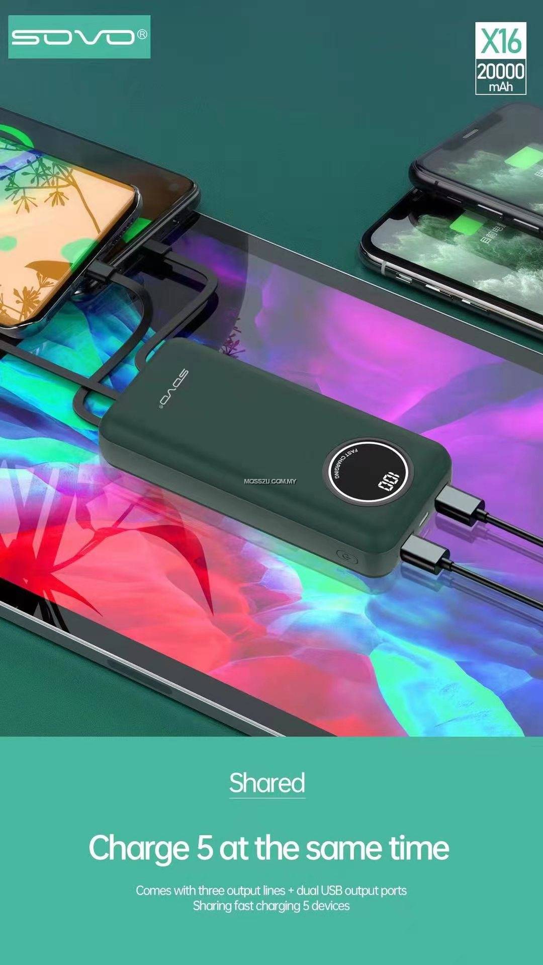 SOVO X16 20000mAh Power Bank | Built-In Charging Cables | High Capacity & Fast Charging