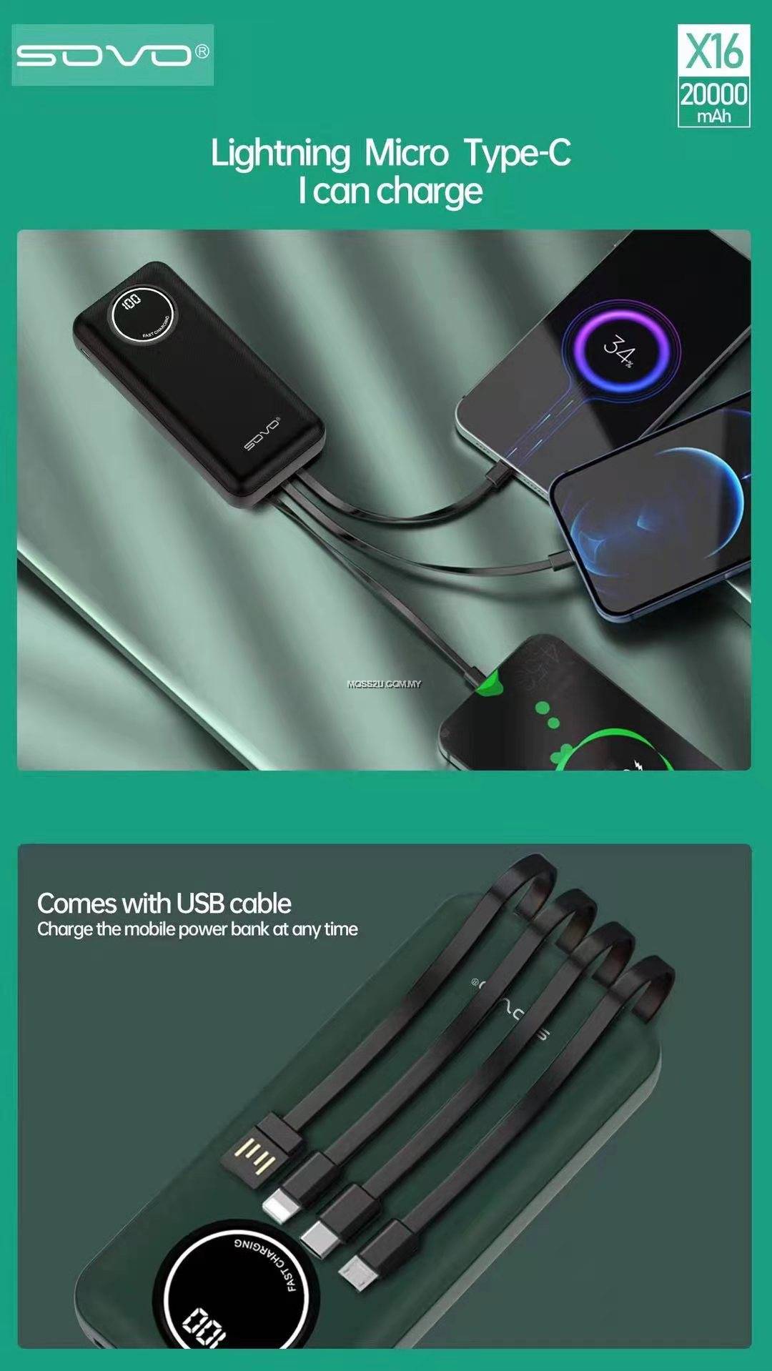 SOVO X16 20000mAh Power Bank | Built-In Charging Cables | High Capacity & Fast Charging