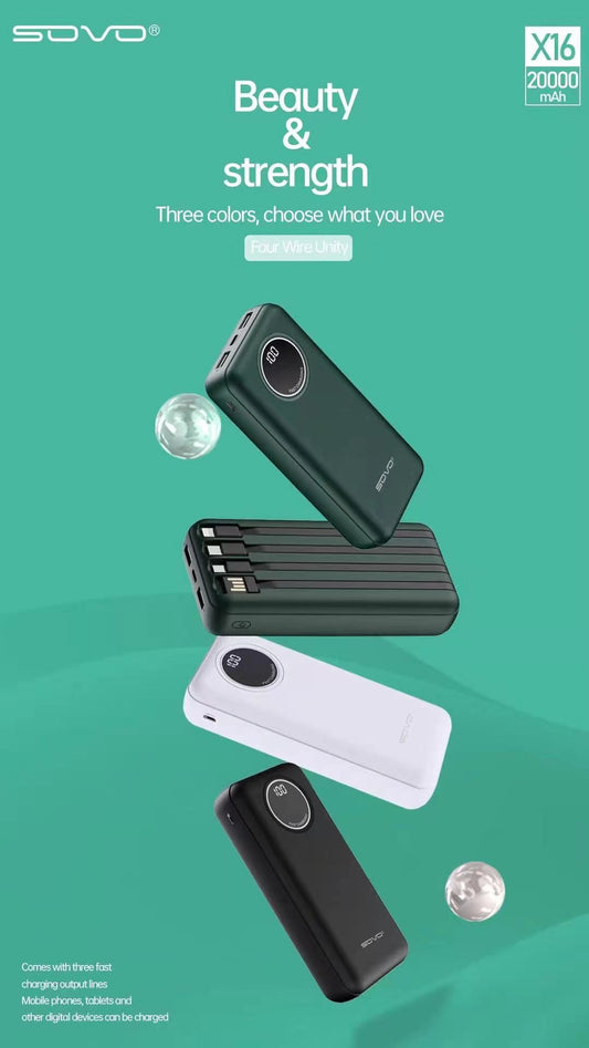 SOVO X16 20000mAh Power Bank | Built-In Charging Cables | High Capacity & Fast Charging