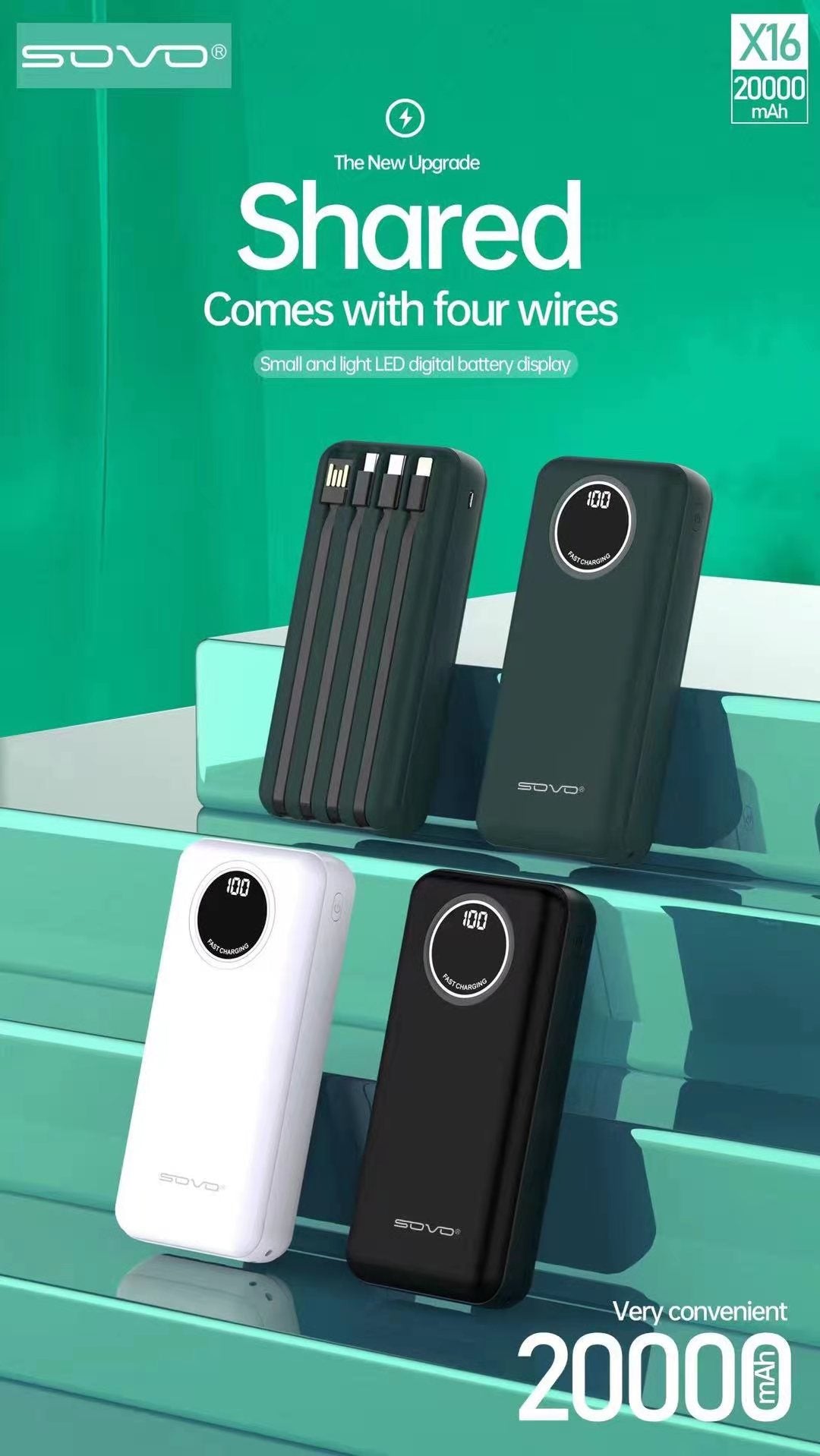 SOVO X16 20000mAh Power Bank | Built-In Charging Cables | High Capacity & Fast Charging