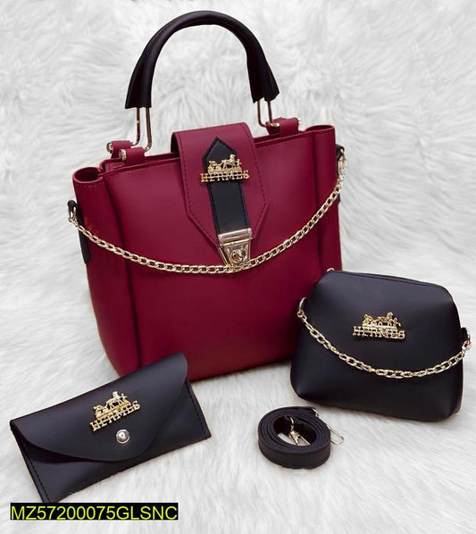 Women's PU Leather Plain Handbag – Pack of 3