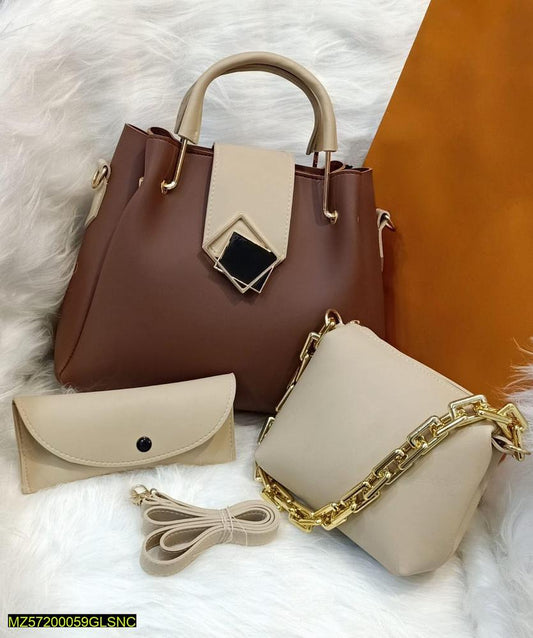 Women's PU Leather Plain Handbag – Pack of 3