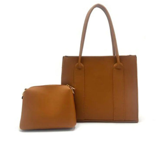 Women's PU Leather Plain Hand Bag Set – 2 Pcs