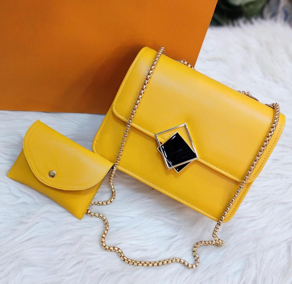 2 Pcs PU Leather Handbag with Long Golden Chain for Girls