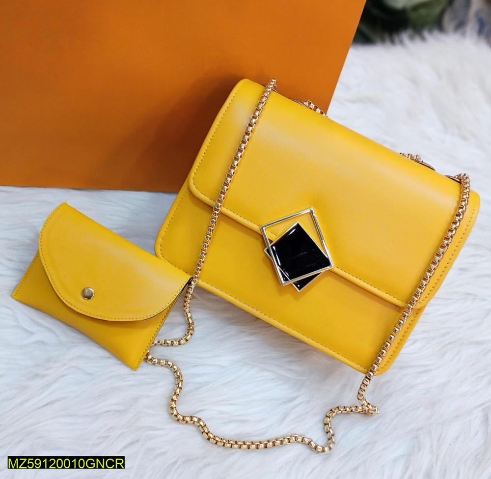 2 Pcs PU Leather Handbag with Long Golden Chain for Girls