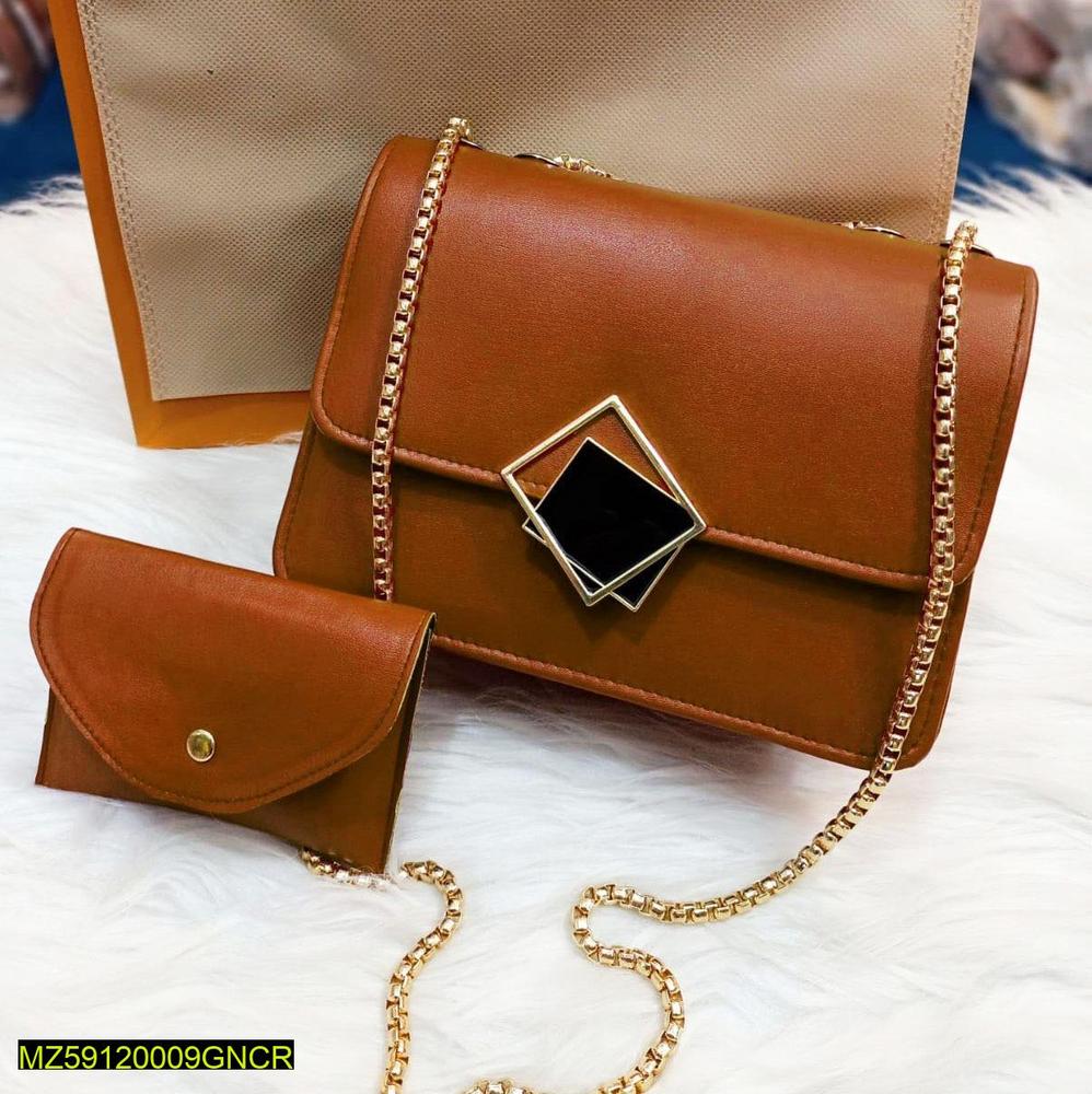2 Pcs PU Leather Handbag with Long Golden Chain for Girls