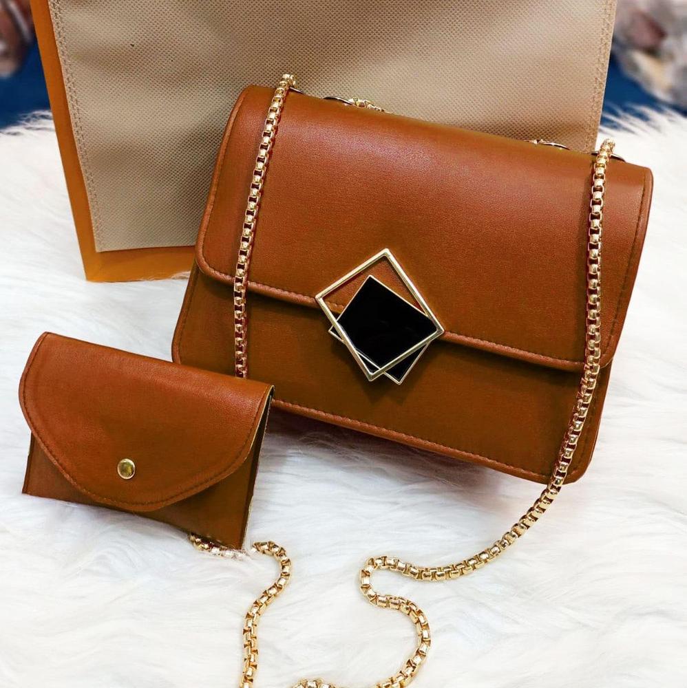 2 Pcs PU Leather Handbag with Long Golden Chain for Girls