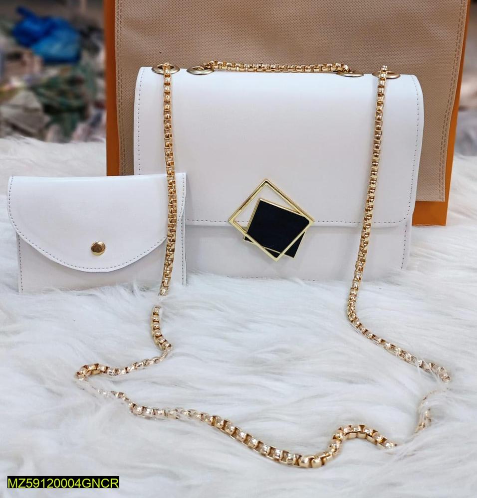 2 Pcs PU Leather Handbag with Long Golden Chain for Girls