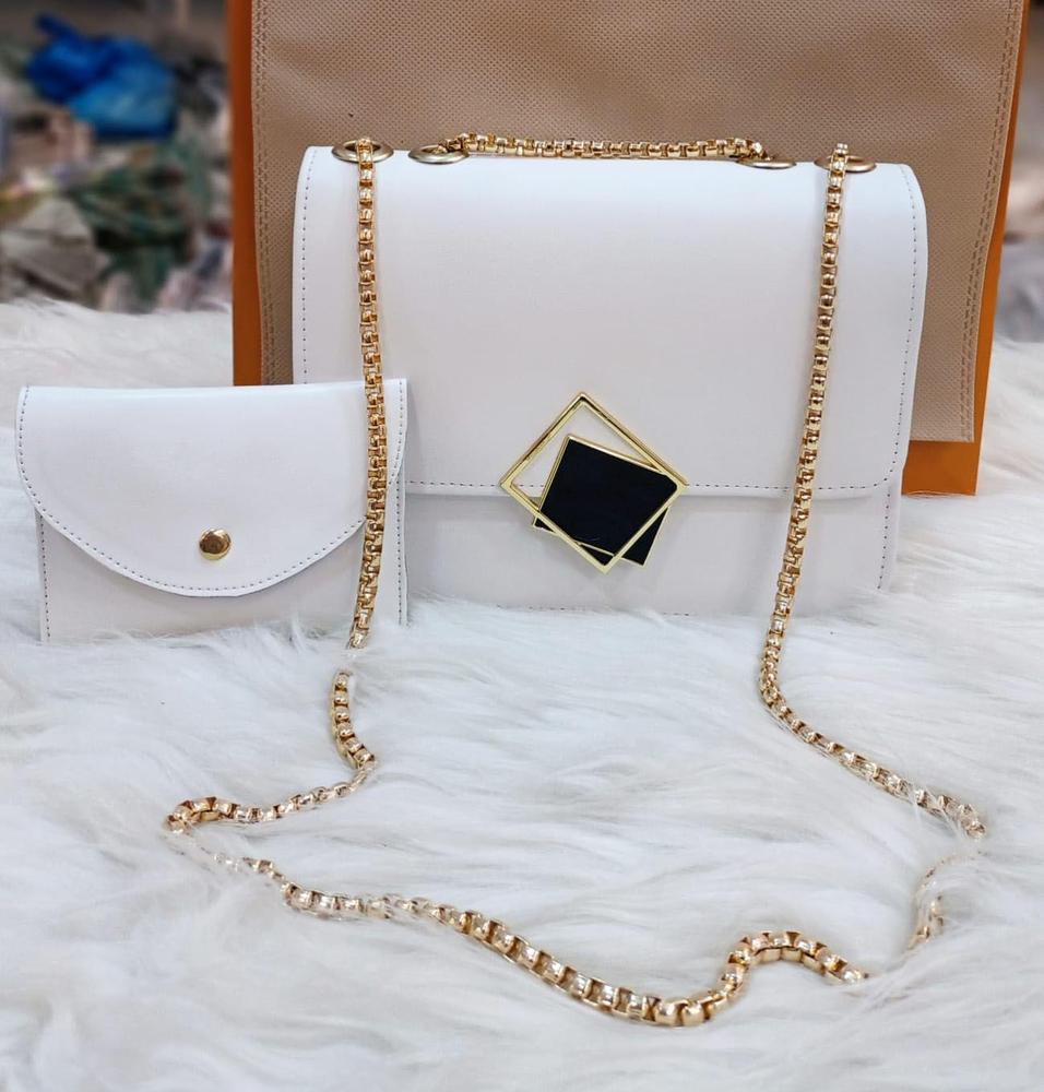2 Pcs PU Leather Handbag with Long Golden Chain for Girls