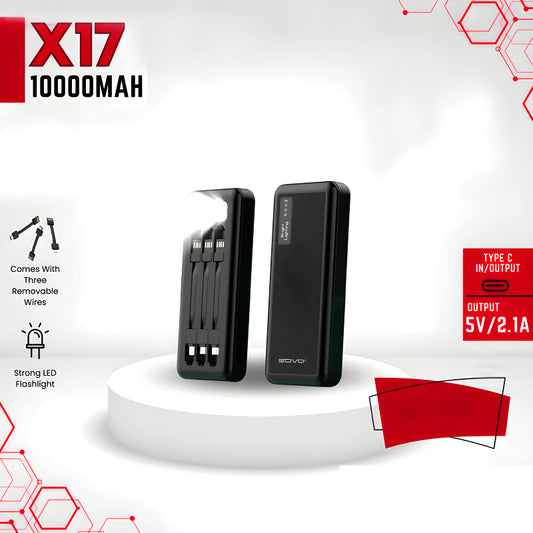 SOVO X17 10,000mAh Capacity Power Bank with Built-In 3 Cables and LED Flashlight